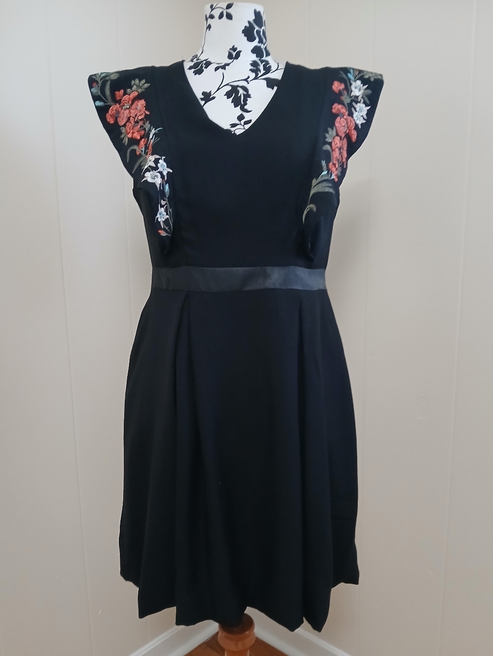 Black Midi Dress with Embroidered Floral Shoulders